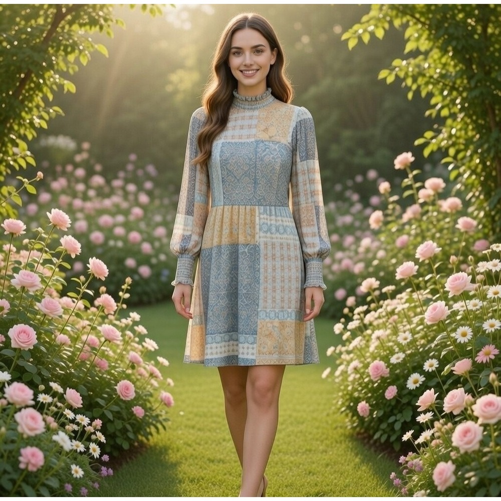 Mikey & Joey Boho Peasant Pastel Mixed‎ Print  Dress Blue Orange Medium NWT